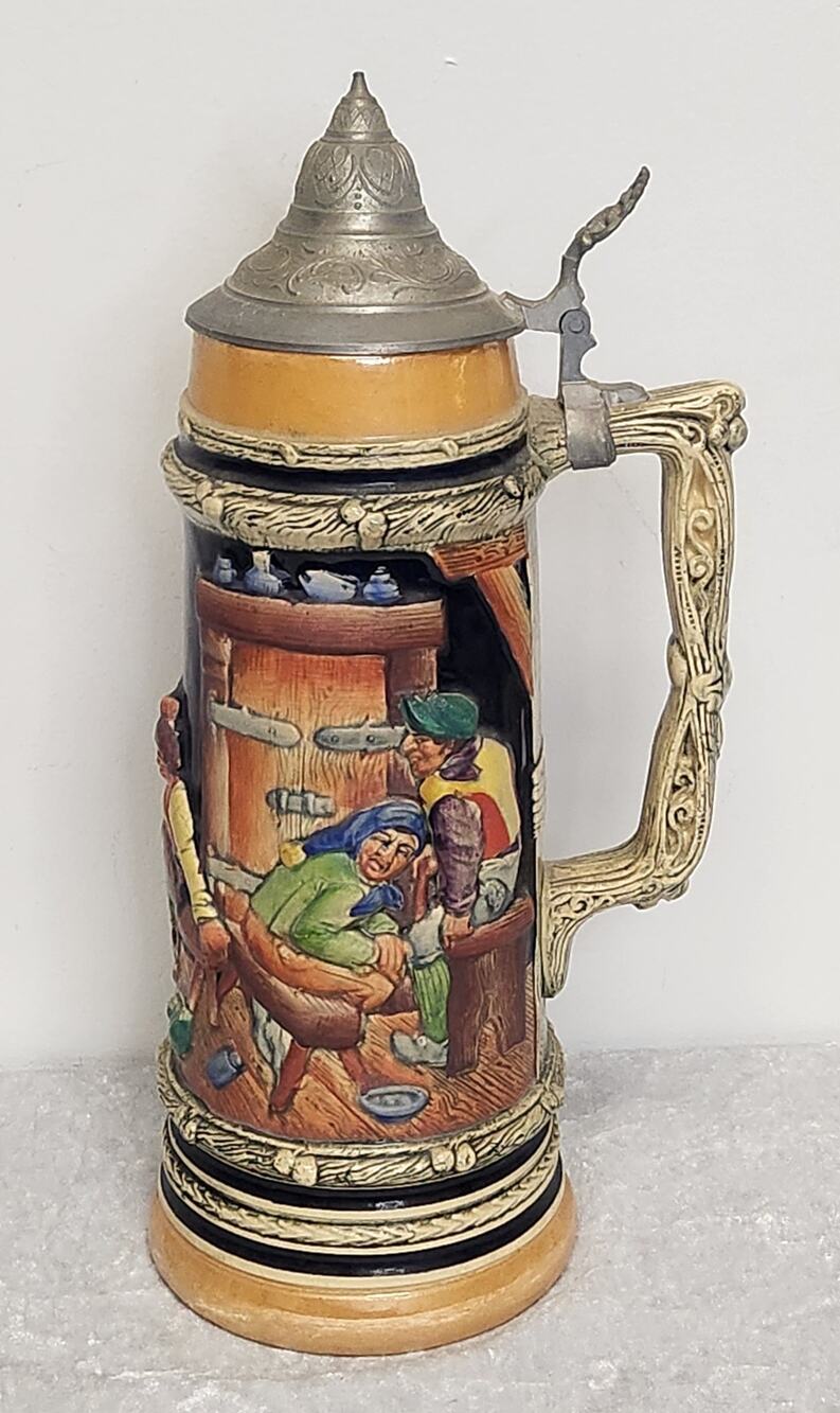 Vintage German  Beer Stein w Pewter Lid-Tall 14"